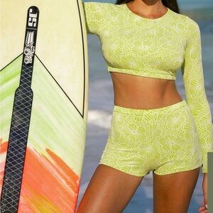 Berlook Textured Bright Yellow Floral Surf Set Sz S nwt,20